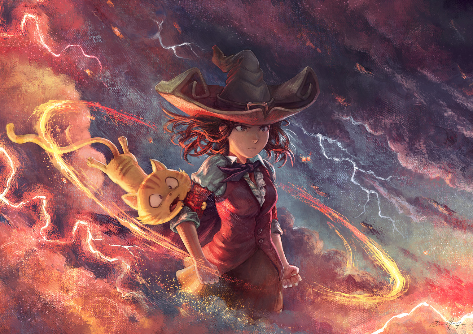 Pepper casting bright lightning magic beside Carrot, illustrated by David Revoy